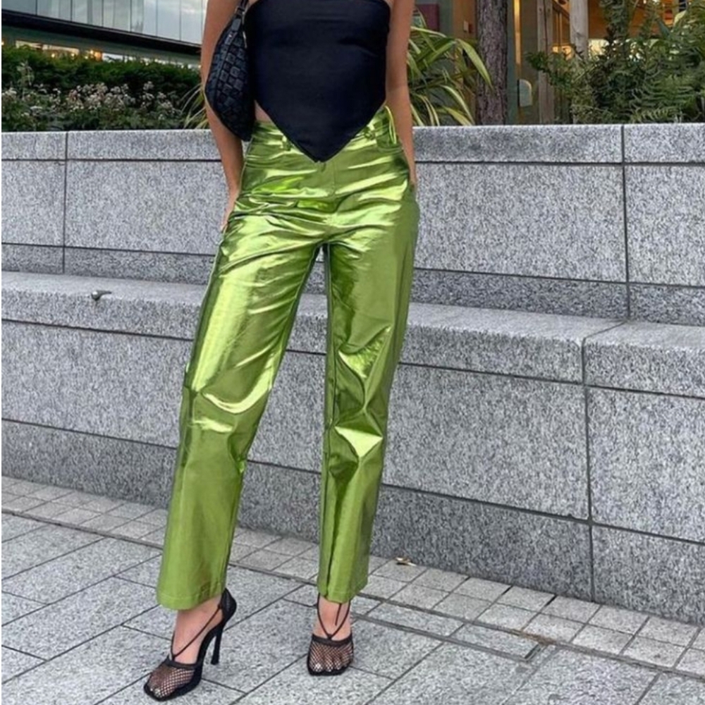 Metallic Green Straight Leg Pants